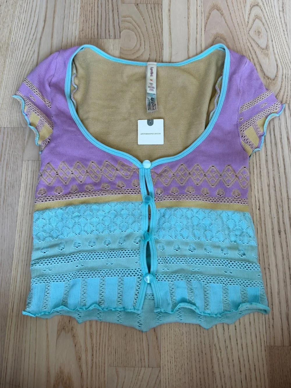 Anthropologie LyreBird Pastel Lavender Aqua Stretchy Textured Button-Front Top
